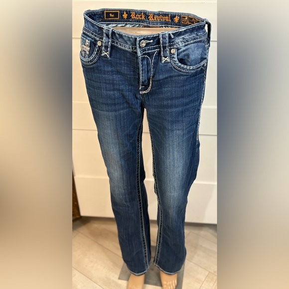 Rock Revival Women’s Bootcut Jeans Blue Denim Mid Rise Silver Accents Size 29